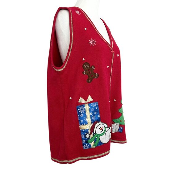 White Stag Red Christmas Applique Embroidered Beaded Sweater Vest (L) - Picture 3 of 16